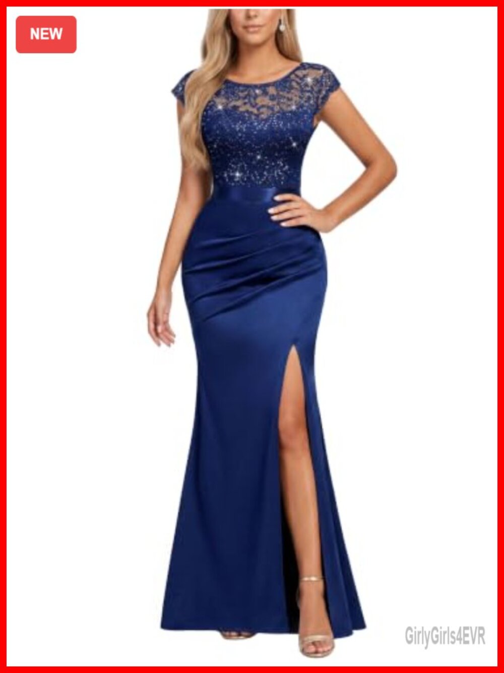 Miusol Scoop Neck Sequined Lace Satin Mermaid Maxi Evening Party Dress